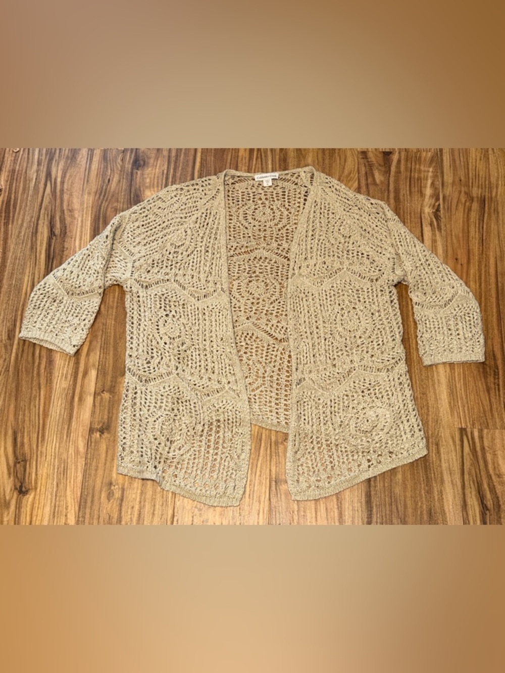 Coldwater Creek women XL Cardigan Open Front Crochet KNIT Beige tan neutral